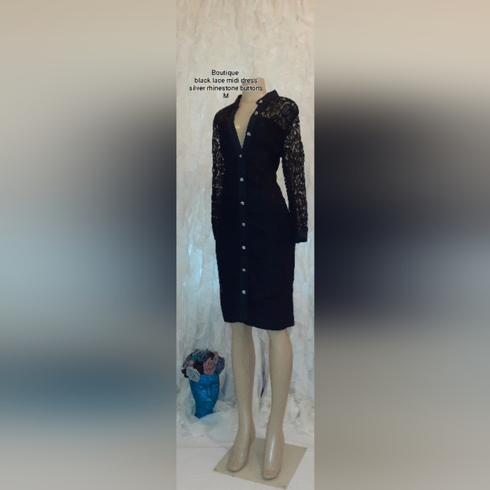 Boutique | Black Long Sleeve Lace Midi Dress Silver Rhinestone Buttons M